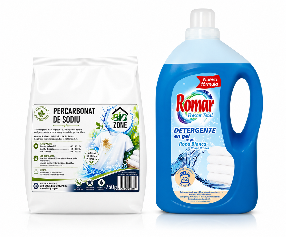 Pachet Detergent de rufe albe, lichid 3 L + Percarbonat de Sodiu 750 g
