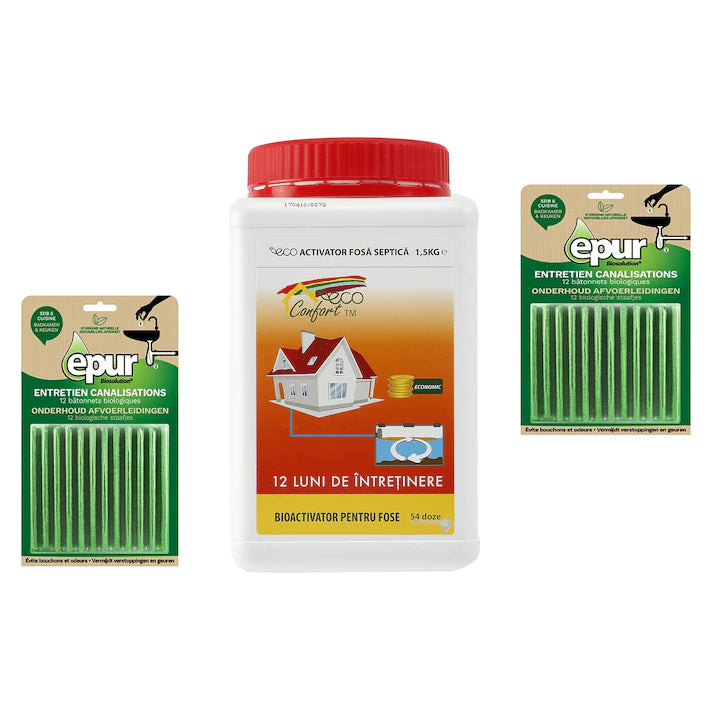 Pachet ECO CONFORT -1x Bioactivator fosa septica ECO CONFORT, 1,5kg, 2x Betisoare bio scurgere baie si bucatarie EPUR 12*2g