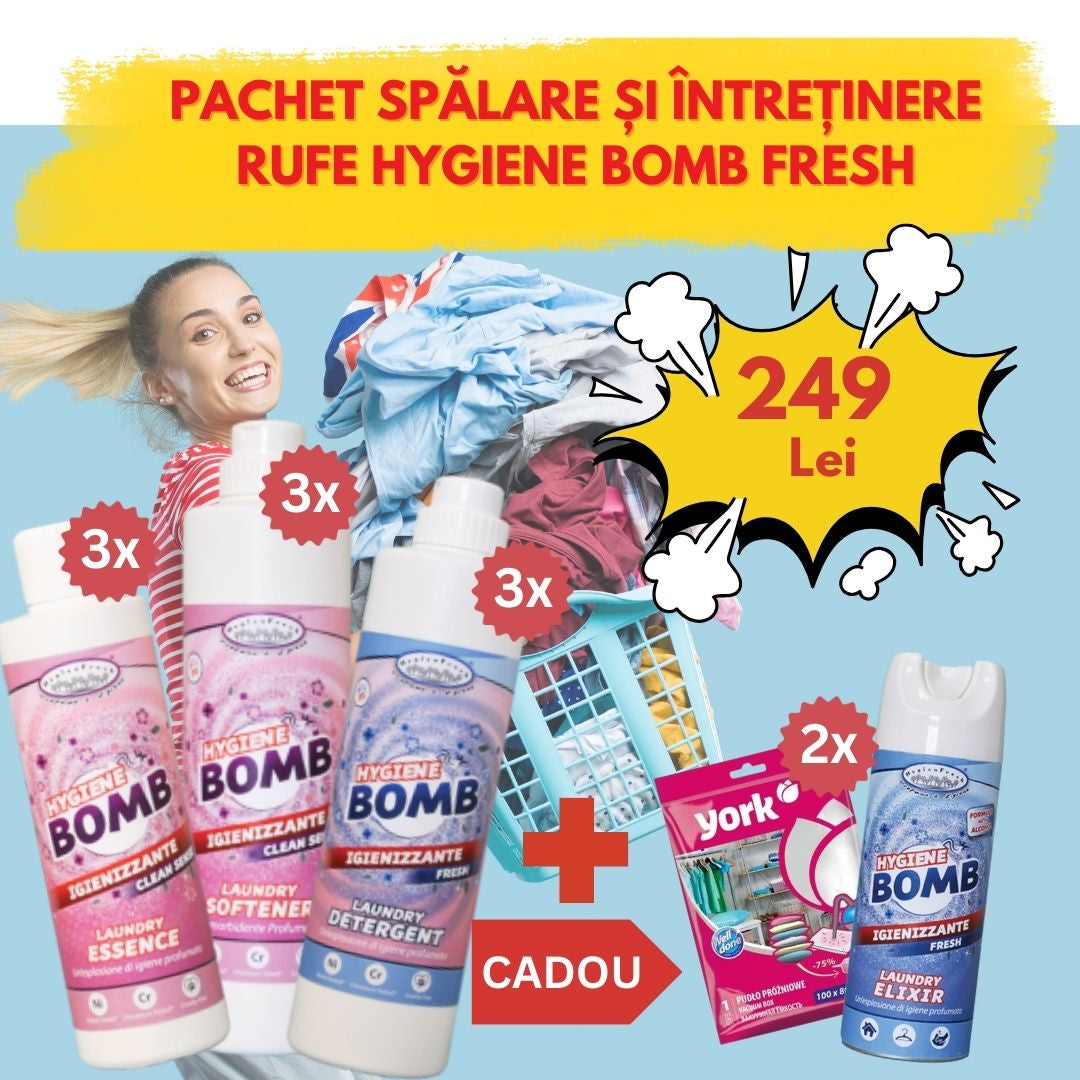 Pachet Spalare si Intretinere Rufe Hygiene Bomb Fresh-9 +3 cadou