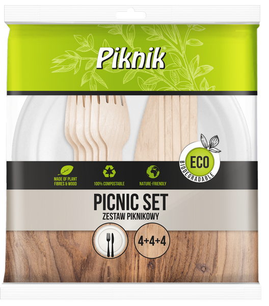 Set ECO Picnic biodegradabil 3 x 4 (4 x farfurie + cutit + furculita)